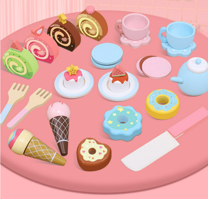 Ensemble de jouets de cuisine et de nourriture pour maison en bois-<span class=keywords><strong>Jeux</strong></span> de simulation de thé de l'après-midi pour filles avec gâteau aux beignets et coupe de semblant de thé inclus - Product Image 6