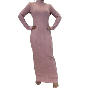 DL111 Custom logo muslim abaya women dresses Elegant Long Sleeve solid color slim fit robe modest islamic long Woolen dress