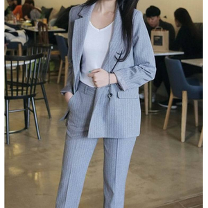 Completo da Lavoro OL 2 Pezzi, Giacca Blazer a Righe <span class=keywords><strong>Doppiopetto</strong></span> e Pantaloni con Zip, Completo Femminile Primaverile - Product Image 1