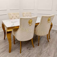 Ensemble de Table à Manger Minimaliste Complet en Marbre, Élégante Table à Manger Rectangulaire, Chaises de Table à Manger Dorées Brillantes