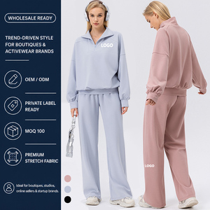 Conjunto de 2 piezas para mujer con logo personalizado, nuevo, informal, de chándal, sudadera con media cremallera, pantalones de cintura alta y pierna ancha, para athleisure y viajes. - Product Image 1