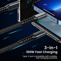 100W 3-en-1 Câble de charge super rapide USB Type C Micro Chargeur Câble pour iPhone Huawei Samsung