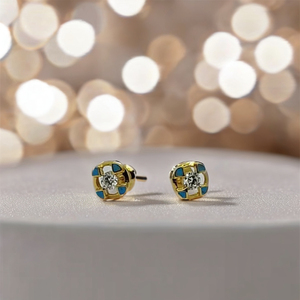Classic 22K Gold Square Design <b>Stud</b> <b>Earrings</b> with <b>Blue</b> Enamel and Crystal Center Elegant Designer Jewelry for Women - Product Image 2