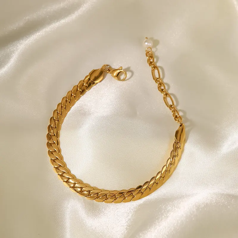 Classical Pearl Adjustable Bracelet Flat Thick 18k Gold Cuban Link Bracelet Charms For Bangles