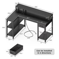 Bureau d'ordinateur en L moderne et durable pour usage domestique, avec éclairage LED, prises de courant, tiroirs et pliage automatique
