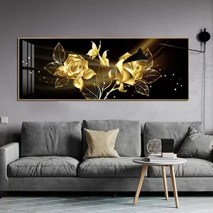 Decoración abstracta para sala de estar, pintura decorativa de arte nórdico con mariposas, flores, rosa, oro, cristal negro, porcelana, vidrio