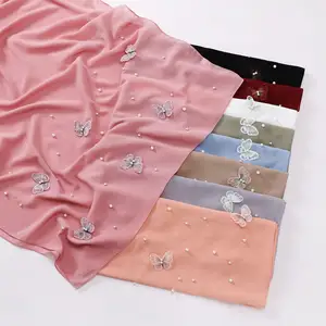 Women's Hijabs Middle Eastern Pearl Chiffon Butterfly Flower Beaded Scarf Lady Muslim Hijabs Malaysia Turaban 70*170CM Long Size