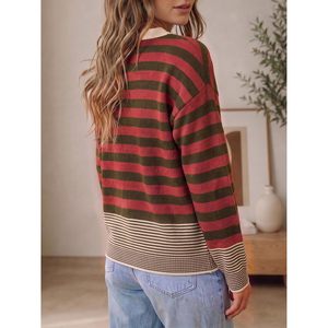 Pull rayé personnalisé pour femme, col rond, manches longues, tricot doux en coton, haut décontracté pour l'automne - Product Image 5