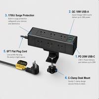 Multiprise de bureau à fixation C-Clamp, 8 prises US, USB-C PD 20W, 3 ports USB-A QC 18W, protection contre les surtensions 1700J, câble plat 1,8 m pour bureaux