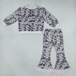 Ensemble pull à carreaux à manches longues et pantalon cloche camouflage gris foncé pour bébés filles - Product Image 3