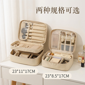 Oxford Cloth Cosmetic Bag Extra Large Capacity Double Layer Zipper Closure Rectangle Shape Solid Color Portable Travel Toiletry - Product Image 5