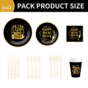 DAMAI New Years Eve Party Supplies Happy New Year Tableware Set <b>Disposable</b> Paper Plates Paper Cup Napkins and Wooden Cutlery - Product Image 6