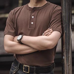 230Gヘビーヘンリー糸染めニット100%オーガニックコットンメンズサマー半袖Tシャツアメリカンレトロスタイル無地スマート - Product Image 6