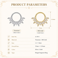 Anneau clicker pour septum en titane ASTM F136 G23 plaqué or 18 carats avec zircone cubique taille Asscher, double usage pour piercing nez et oreille, bijou corporel