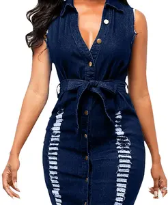 2022 Wholesale Ladies Sexy Jeans Dresses Zipper Belt Sleeveless Denim Dresses Denim Ripped Long Skirts