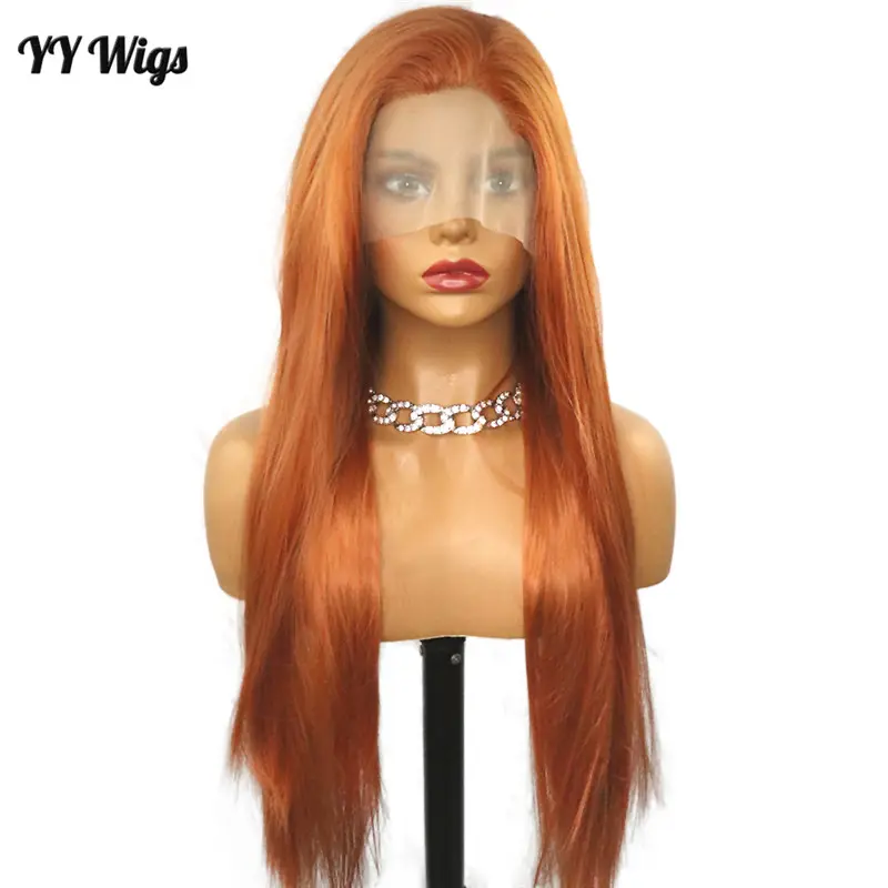 Silky Straight Orange Synthetic Hair 13X4 Lace Front Wigs For Women Girls Glueless Half Hand Tied Replacement Wigs Free Part