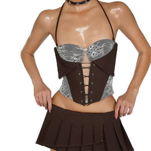 Conjunto de 2 piezas para mujer: Top halter con encaje, patchwork, tiras y fruncido hueco, y falda irregular, ideal para fiestas. - Product Image 2