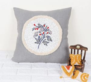 Printed Boho Tufted Gray And White <b>Round</b> Shape Flower Embroidery <b>Cushion</b> Throw Pillow Cover - Product Image 1