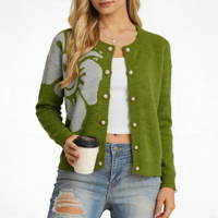 Private Label Grasgrüner Smiley-Blumen Jacquard Rundhals-Strickjacke mit Perlenknöpfen, Kurze Damen-Strickjacke mit Langen Ärmeln