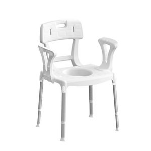 เก้าอี้นั่งขับถ่ายสีขาวพร้อมที่วางแขนและพนักพิงสำหรับอุปกรณ์ความปลอดภัยในห้องน้ำ - Product Image 1