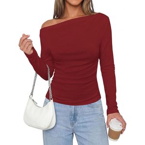 Off The Shoulder <b>Top</b> For Women Long Sleeve Fitted Ribbed Ruched Y2K Style Casual Wear - Product Image 5