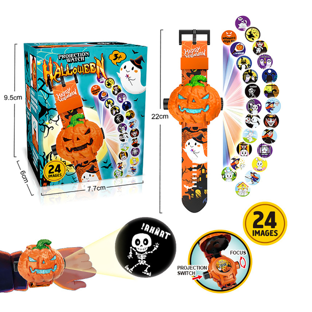 MILI Halloween Gift Pumpkin Shaped Electronic Projector Toys with 24 Images Projection Toy Watches for Kids