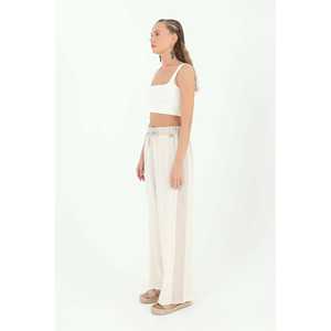 Pantalones anchos de mujer Boga Design, color beige, cintura alta, transpirables, con rayas laterales - Product Image 4