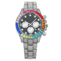 Jam Tangan Gaya Baru Perdagangan Luar Negeri Terlaris Tiga Jarum Mode Berlian Warna-Warni Kalender Dial Hitam Full Berlian Mesin Quartz