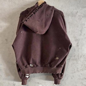 Sudadera con capucha de algodón 100% con bordado y efecto desgastado, estilo streetwear, doble capa tipo gofre, con cremallera, premium, oversize para hombre, con lavado ácido. - Product Image 2