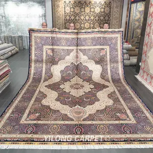 Yilong 10'x14' Biru Baik Murni Sutra Karpet Oriental Buatan Tangan Karpet Persia Sutra