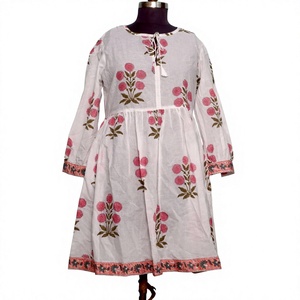 Robe Bohème en Coton pour Femme, à Manches Longues, Col à Cordon, Taille Empire, Longueur Genou, Coupe Décontractée Été, Motif Floral, Coupe Évasée - Product Image 1