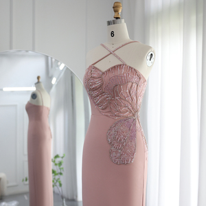 Ả Rập Crisscross dây đai màu hồng ăn mặc 2024 sang trọng bướm đính cườm Slit Dubai phụ nữ Wedding party Evening DRESS SCZ205-1 - Product Image 3