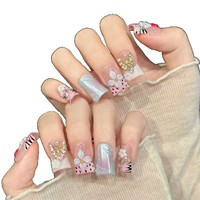 Kuku Akrilik Buatan Tangan Pink Black French Aurora, Bentuk Kotak, Hiasan 3D Berlian Imitasi Kupu-kupu Bunga Bintang, Hiasan Hati 3D SPA Nail