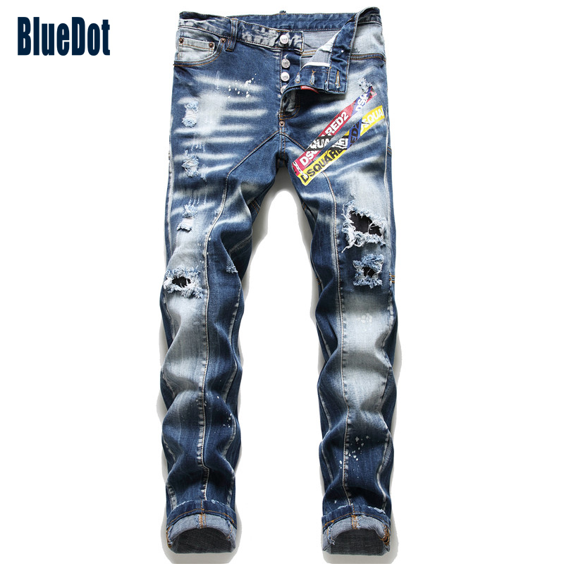 Bluedot-camisa personalizada para hombre, pantalones vaqueros rasgados, slim fit, pintura elástica, machete