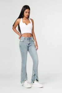 High Waisted <b>Flare</b> Jeans With <b>Sequined</b> Frayed Hem Light Blue Denim Women's Casual Summer Style Full Length Regular Fit - Product Image 3