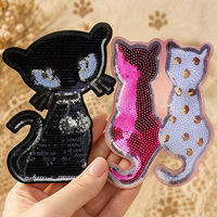 Patch brodé à sequins motif chat mignon, thermocollant, applique animale pour décoration DIY de vêtements, sacs et chapeaux