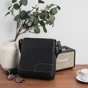 Men's Genuine Leather Shoulder <b>Bag</b> Large Capacity Black Coffee Color Solid Color Business Casual Crossbody <b>Bag</b> - Product Image 1