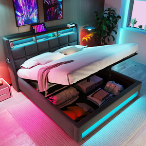 Cama de plataforma tapizada de tamaño completo con sistema de almacenamiento hidráulico, carga LED y USB - Product Image 4