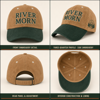 Casquette vert forêt à visière marron avec badge soleil montagne et lettrage brodé en relief, style vintage, pour extérieur et urbain, vente en gros