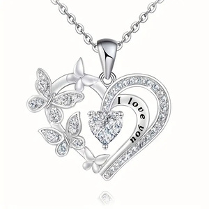 Ciondolo a forma di cuore bianco con strass di cristallo a forma di farfalla, in argento 925 rodiato, regalo romantico per donna - Product Image 1