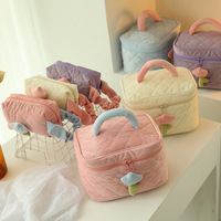 Pochette cosmétique en velours côtelé crème, design tulipe, grande capacité, sac à maquillage avec design personnalisé pour les filles, pour les voyages et l'usage quotidien