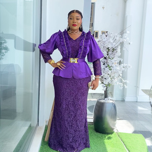 S10761 <span class=keywords><strong>Abiti</strong></span> da Chiesa alla Moda <span class=keywords><strong>per</strong></span> Donne, Maniche Lunghe, Scollo a V, Pizzo con Volant, Vestito Lungo da Festa Serale, Elegante Abito Dashiki con Cintura - Product Image 5