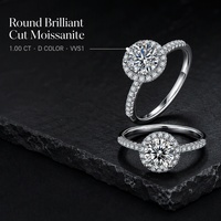 Cincin Moissanite Berlian Klasik Micro Inlaid Round Halo 1.00 Karat Warna D VVS1 dengan Pave Band Mewah dari Perak S925