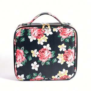 Bolsa de Maquillaje Vintage Negra de PU con Estampado Floral Digital, Diseño en Blanco, Cierre de Cremallera, Accesorios de Viaje en Varios Tamaños - Product Image 5
