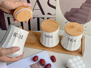 OEM ODM Nouveaux ustensiles de cuisine créatifs de qualité alimentaire, boîte de rangement en céramique pour thé, café, sucre avec couvercle en bambou, logo personnalisé, vente en gros - Product Image 4