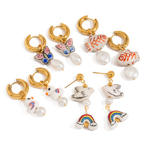 Ceramic Hoop Earrings With Pearl Cartoon Design For Women Fashion Jewelry - Product Image 1