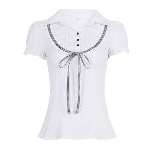 Camisa Vintage de Verano de Manga Corta Tejida con Cuello en V y Ribete de Encaje en Contraste, Estilo Preppy y Lindo - Product Image 6