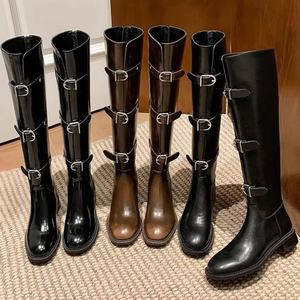 Bottes hautes noires brillantes pour femme 2026, en cuir de vachette fait main, doublure polaire, talon carré de 3 cm, fermeture éclair et boucle avant, pour l'hiver - Product Image 5