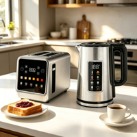 Ensembles de petit-déjeuner de style moderne, bouilloire 1,7 L, grille-pain combiné, panneau de commande tactile, 7 niveaux de brunissage, acier inoxydable, minuteur LED