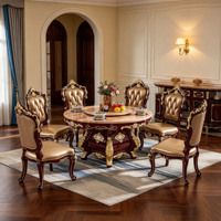 Luxuriöses Europäisches Rundes Massivholz-Esszimmer-Set mit Rosa Marmorplatte und Drehbarem Serviertablett, PU-Leder-Stühlen für Villa und Zuhause, Großhandel